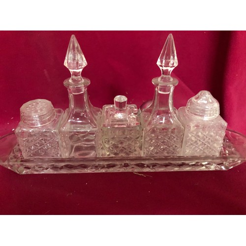 758 - Glass cheese dish, glass cruet set on tray and 3 vintage sundae dishes with gold trim and fruit moti... 