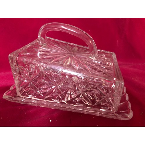 758 - Glass cheese dish, glass cruet set on tray and 3 vintage sundae dishes with gold trim and fruit moti... 