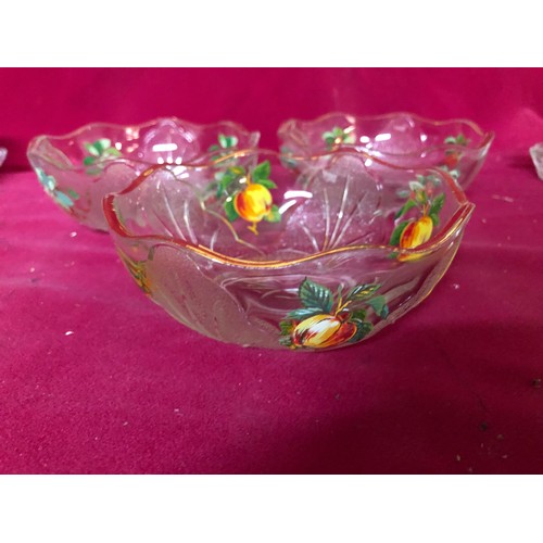 758 - Glass cheese dish, glass cruet set on tray and 3 vintage sundae dishes with gold trim and fruit moti... 