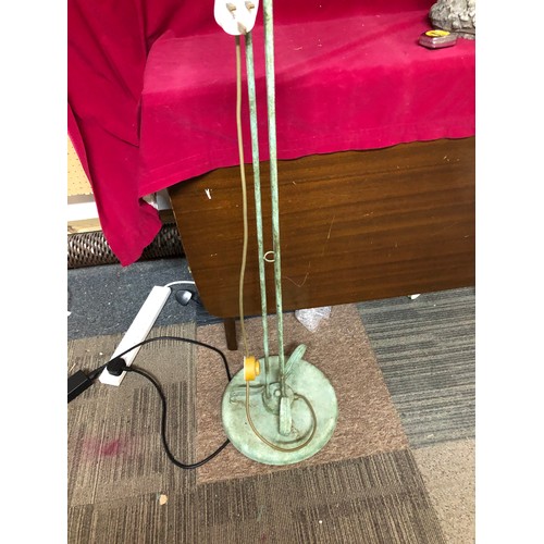 766 - Standing Lamp in green metal with 3 white flower shaped shades standing 150cms tall