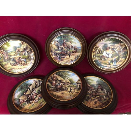 788 - Selection of 6 decorative Wedgewood 'Country days' plates set in wood surround for wall hanging