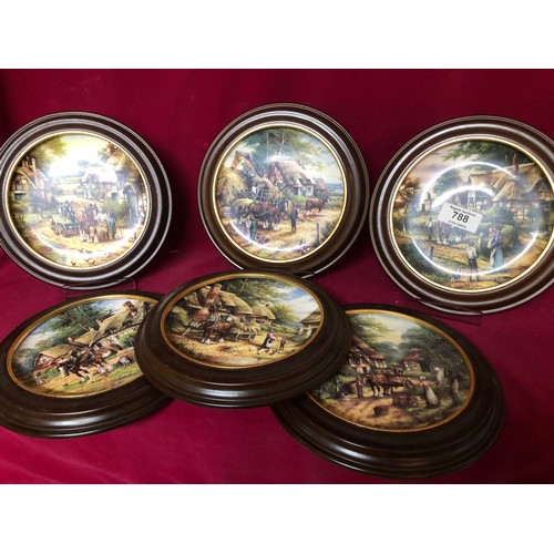 788 - Selection of 6 decorative Wedgewood 'Country days' plates set in wood surround for wall hanging