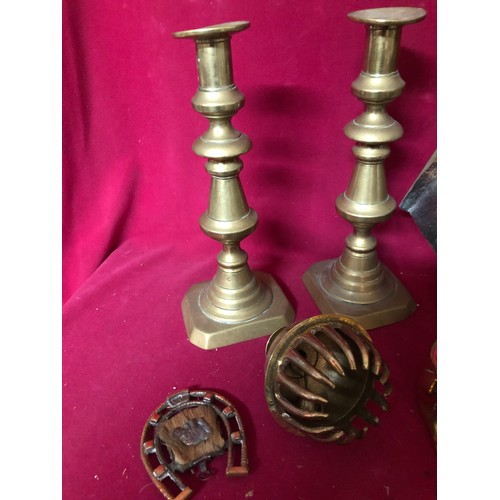 780 - Large box of Brassware including jugs, fireside set and candlesticks