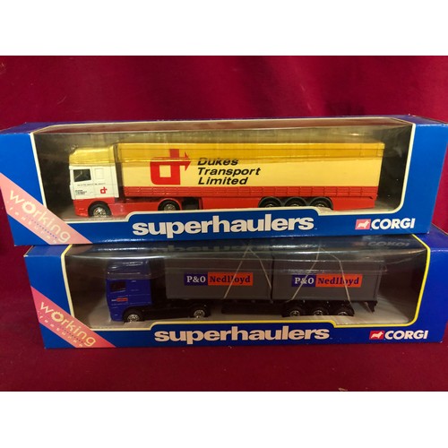 19 - Selection of 4 Corgi superhauliers. A TY87004 DAF skeletal trailer - P & O Nedlloyd, a TY86611 Scnia... 