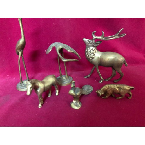 36 - Selection of brass animals including stag, horse, heron, peacock, pelican and bull