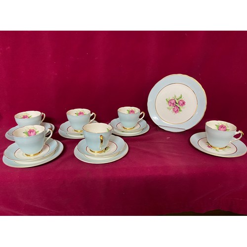 481 - Vintage Imperial Bone China 22ct gold pale blue tea set comprises of 5 trio's, 6 plates and an extra... 