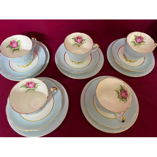 481 - Vintage Imperial Bone China 22ct gold pale blue tea set comprises of 5 trio's, 6 plates and an extra... 