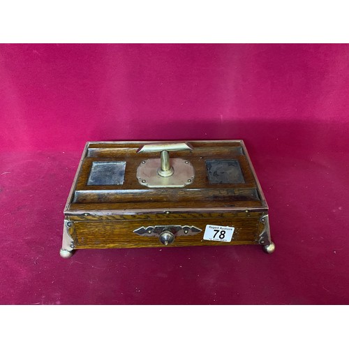 78 - Edwardian desk stand with brass handle and corners. Drawer to front with brass handle