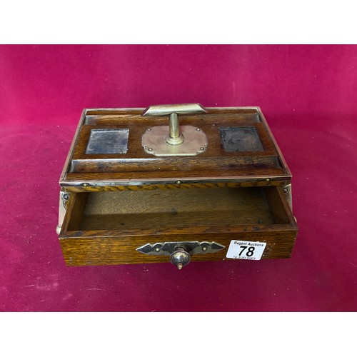 78 - Edwardian desk stand with brass handle and corners. Drawer to front with brass handle