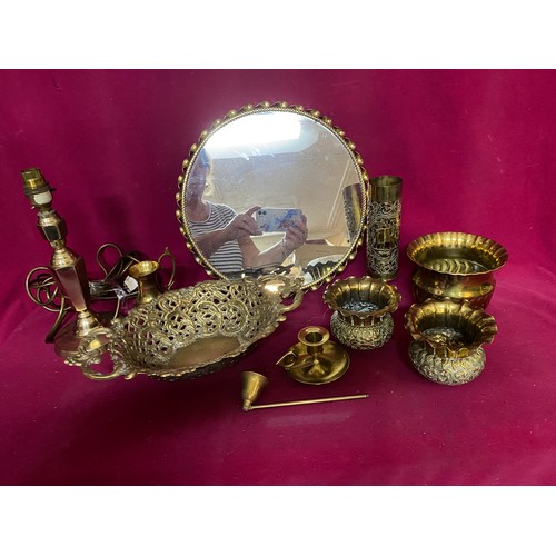 747 - Vintage brass including mirror, filligree bowl, candle holder and others.