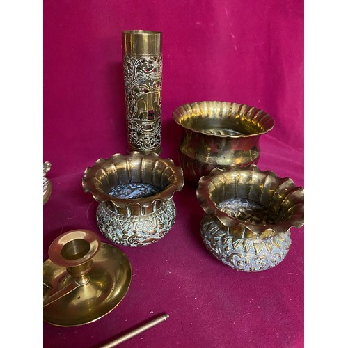 747 - Vintage brass including mirror, filligree bowl, candle holder and others.