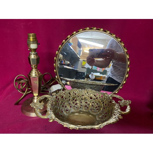 747 - Vintage brass including mirror, filligree bowl, candle holder and others.