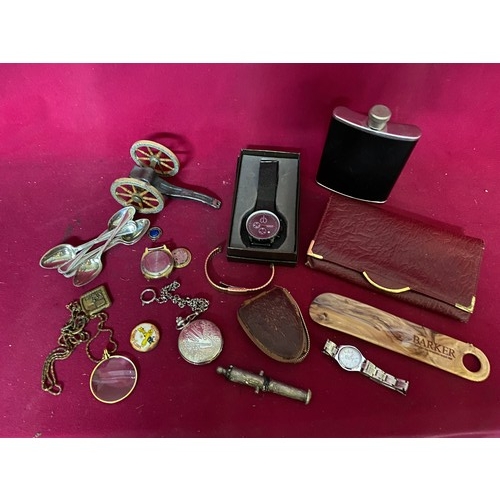 881 - Various curios including a boxed gents watch, hip flask, Desktop Cannon ornament