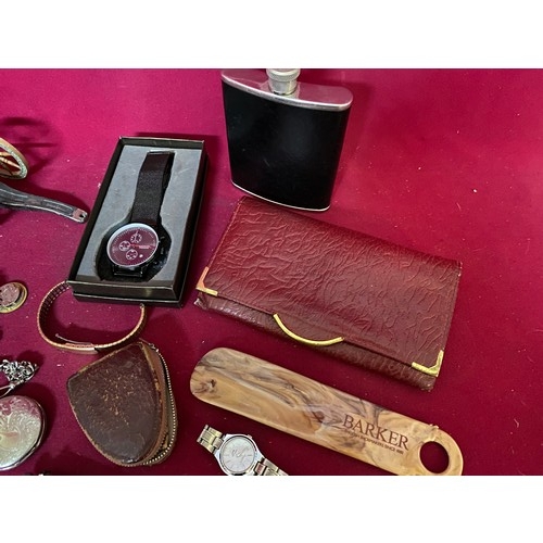 881 - Various curios including a boxed gents watch, hip flask, Desktop Cannon ornament