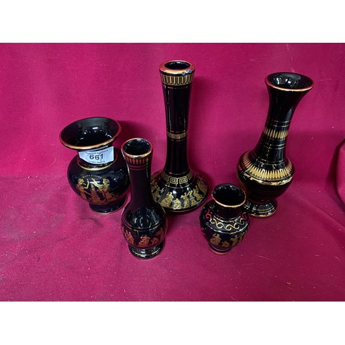 661 - Selection of Black and gold pottery vases and urns hand made in Greece.