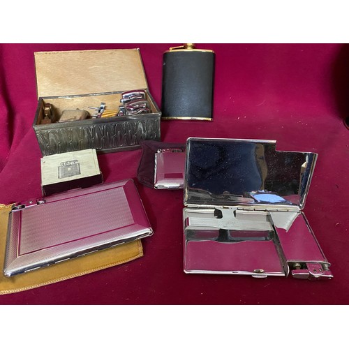 662 - Selection of vintage cigarette cases/lighters, hip flask and lighters.