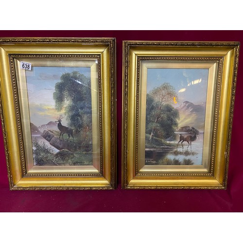 633 - Pair of antique gold frame pictures behind glass of Highland scenes with stags.  Signed Brennar B Wa... 