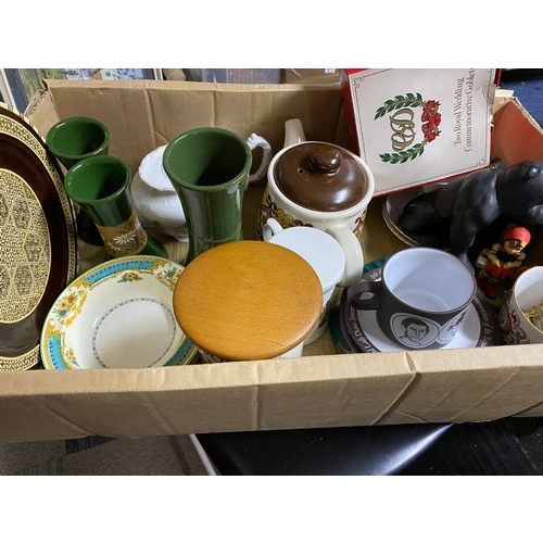 646 - Assortment of cups, saucers, vases, teapots, bowls and storage cannister.