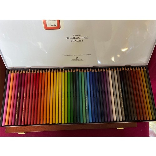 682 - Assortment of art including a Reeves paintbox, a Derwent coloured pencil box and a WHSmith coloured ... 