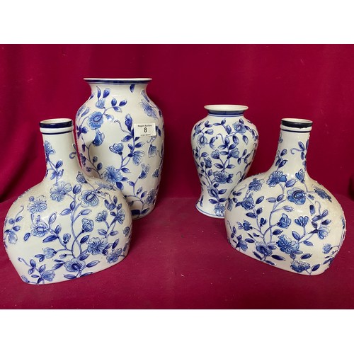 8 - Selection of 4 blue and white vases with largest measuring 30 cms tall