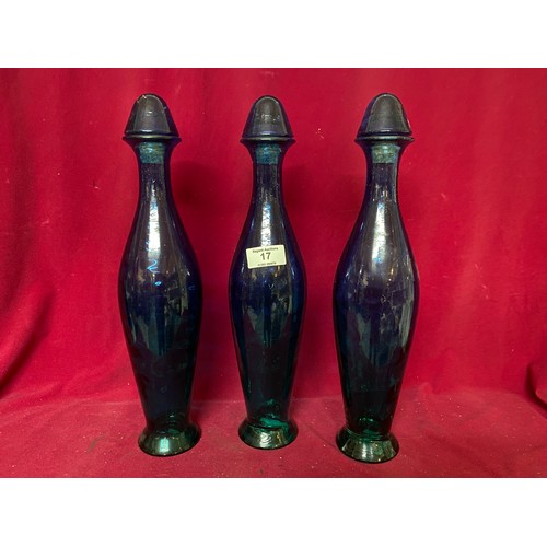 17 - Set of 3 blue and green bottles with stoppers standing 47 cms tall