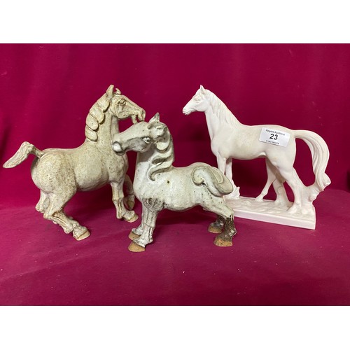 23 - Selection of 3 horse figures with largest measuring 26 cms tall