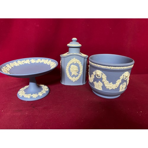 34 - Selection of Wedgewood jasperware including plant pot, plate, candlestick holders, bells, cigarette ... 