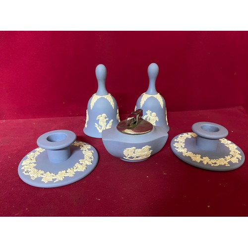 34 - Selection of Wedgewood jasperware including plant pot, plate, candlestick holders, bells, cigarette ... 