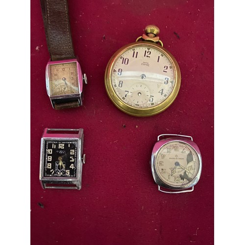 64 - Smiths Empire pocket watch, 2 Swiss mens Tank watches and military style Swiss mens watch. Also a Hi... 