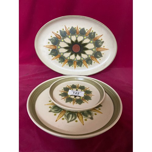 122 - Selection of vintage Denby Langley pottery Sherwood design plates including 1 meat serving plate, 7 ... 