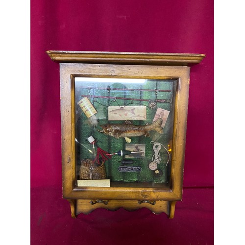 226 - 2 fishing display cabinets, one with coat hooks underneath measuring 47 x 30 and 85 x 35 cms