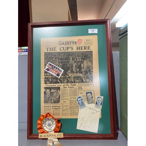 77 - Blackpool 1953 FA cup Triumph newspaper, framed with several autographs.