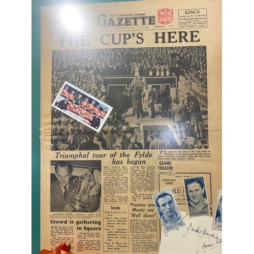 77 - Blackpool 1953 FA cup Triumph newspaper, framed with several autographs.