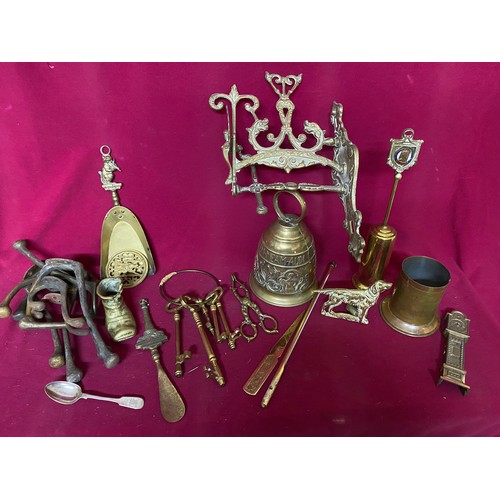 104 - Large box of brassware including bell, keys and coathooks