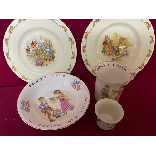 233 - Vintage Royal Doulton Bunnykins, Queens and Wedgewood christening pottery and Babys 1st tooth silver... 