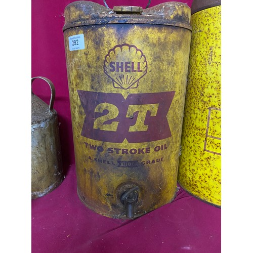 292 - Selection of vintage oil drums and funnels including Duckhams, Epco and a 20l Shell drum with tap