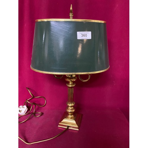 360 - Brass corinthian column table lamp with green shade, fully working