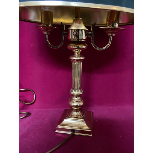 360 - Brass corinthian column table lamp with green shade, fully working