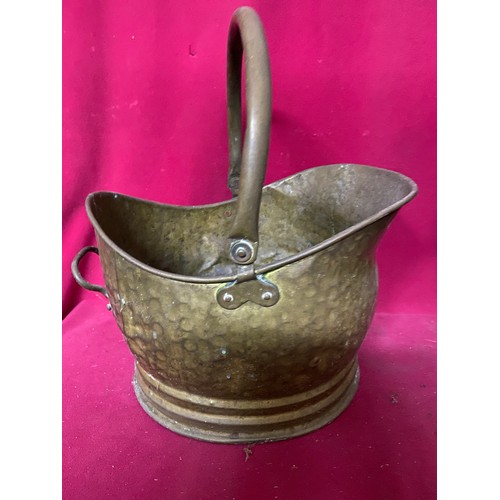 322 - Embossed copper coal box and jam pot with brass coal scuttle