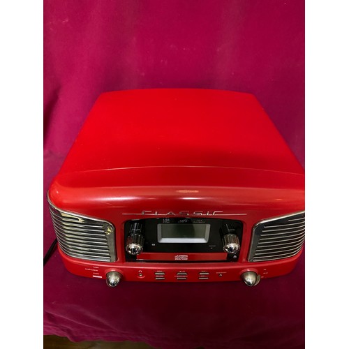 329 - Retro style Classic radio/CD/ record player in red. One lid hinge missing