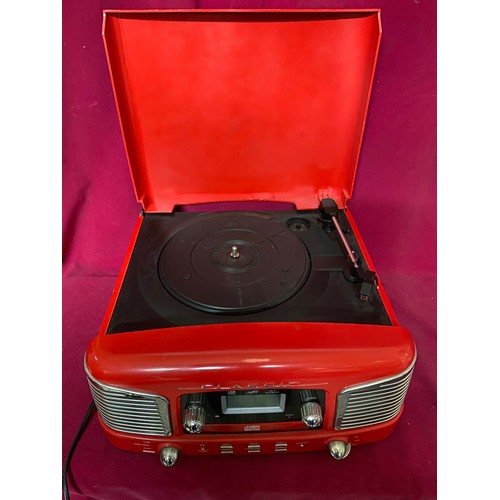 329 - Retro style Classic radio/CD/ record player in red. One lid hinge missing