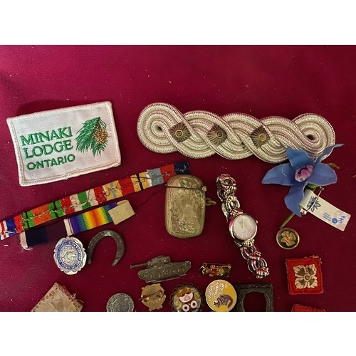 205 - Collection of military ribbons, medals, vesta case, badges etc