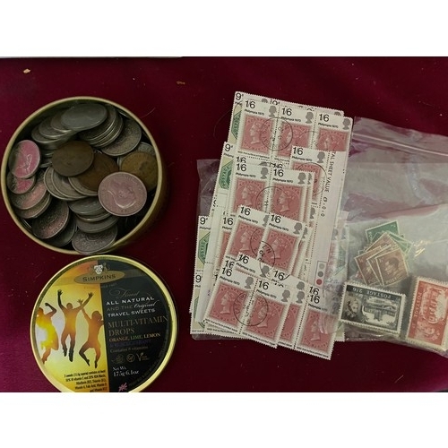 271 - Collection of British Stamps, James Bond and James Dean Postcards. Box of mixed coins with rail Maga... 