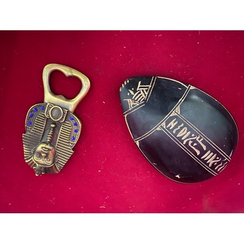 242 - Vintage Tutankhamun Sarcophagus, key box, hand carved scarab beetle and bottle opener.