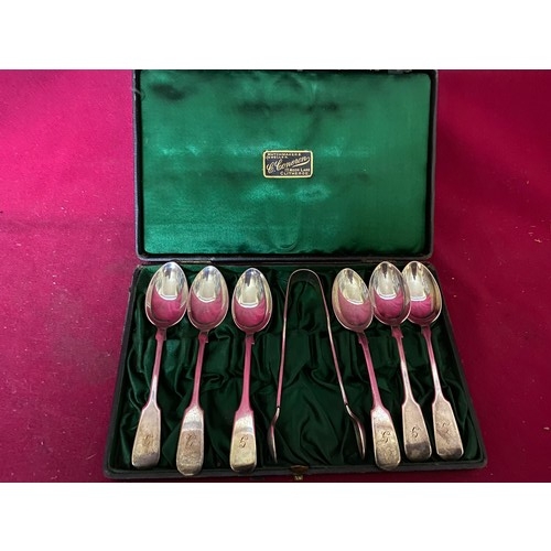 346 - Antique set of 6 silver teaspoons and matching pair of sugar nips Sheffield 1905 Joseph Rogers weigh... 