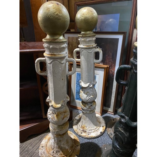 907 - Pair of White and Gold cast iron decorative parking bollards 80cms.