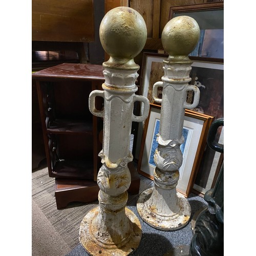 907 - Pair of White and Gold cast iron decorative parking bollards 80cms.