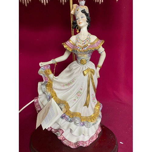 921 - Lamp by Vittorio Sabadin. Lady figure with large shade and bead tassle trim. 85cms tall