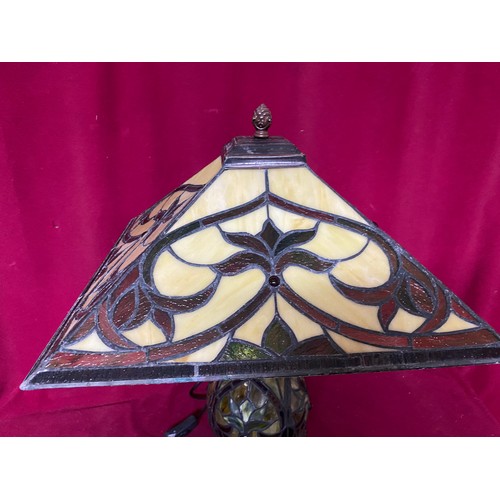 922 - Large Tiffany style lamp with decorative base and square shade. 23cms tall no plug