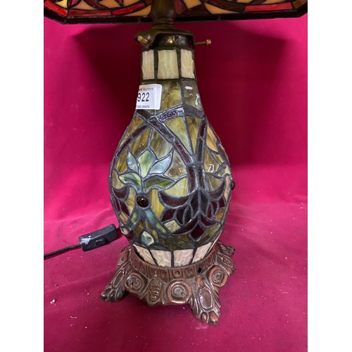 922 - Large Tiffany style lamp with decorative base and square shade. 23cms tall no plug